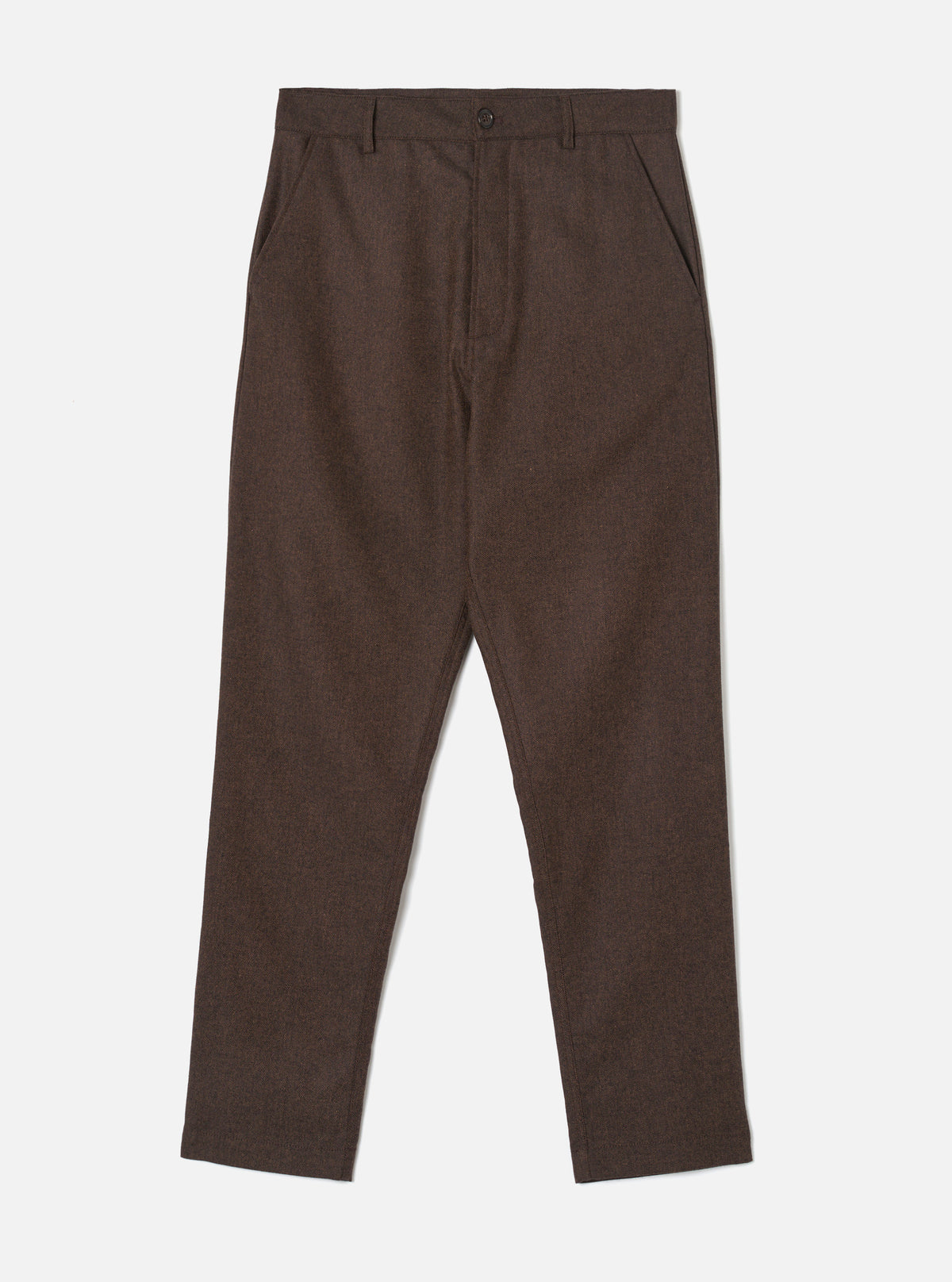 A full-length front view of a model wearing the Brown Recycled Italian Tweed Military Chino in a clean studio setting. The image showcases the trousers' straight, slim fit, front waist details, and textured brown tweed fabric.