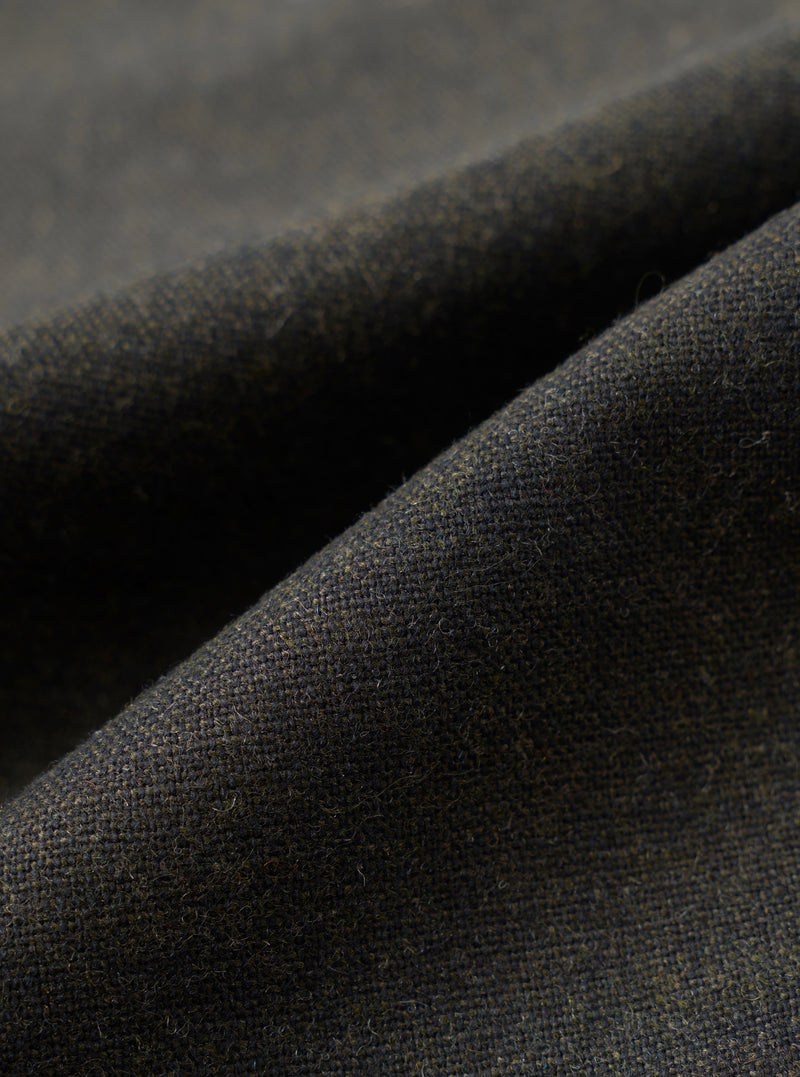 A detailed close-up fabric swatch image displaying the Olive Recycled Italian Tweed Military Chino on a plain white background, showing the woven texture and subtle flecks of the olive green wool blend.