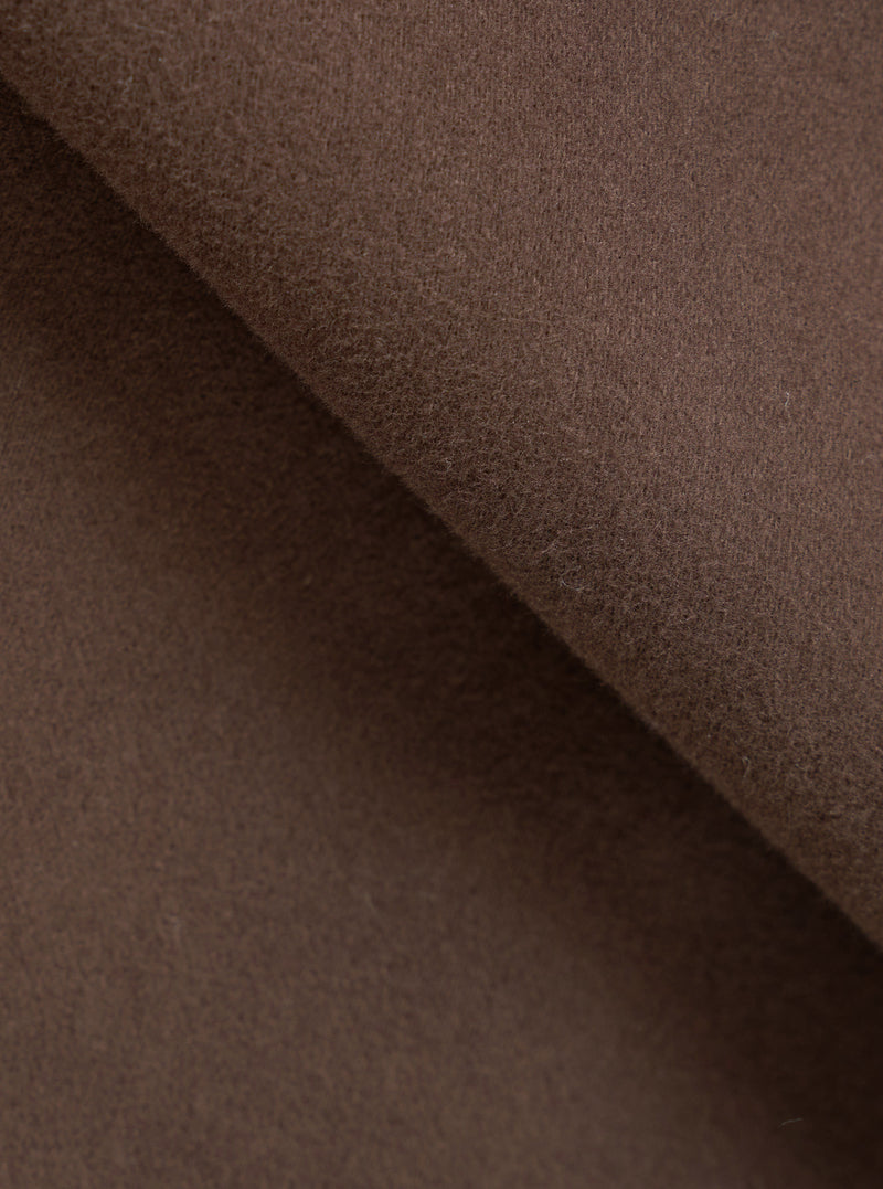 A fabric swatch close-up photograph of the Brown Comfort Moleskin Ives Jacket on a clean white background, detailing the soft, dense pile and rich color tone of the brown cotton moleskin material.