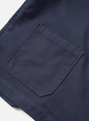 A close-up view of the Navy Comfort Moleskin Ives Jacket on a plain white background, showing the internal chest pocket, collar stitching, and rich texture of the deep navy blue brushed cotton moleskin fabric.