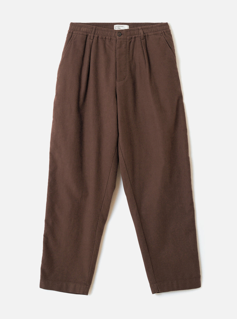 A full front product view of the Brown Comfort Moleskin Pleated Track Pant set against a plain white studio background, showcasing the relaxed loose fit, single pleat front, and elasticated drawstring waist.