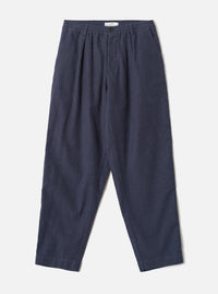 A full front view of the Navy Comfort Moleskin Pleated Track Pant presented on a plain white studio background, displaying the single pleat front, drawstring elastic waistband, and loose tapered trouser shape.