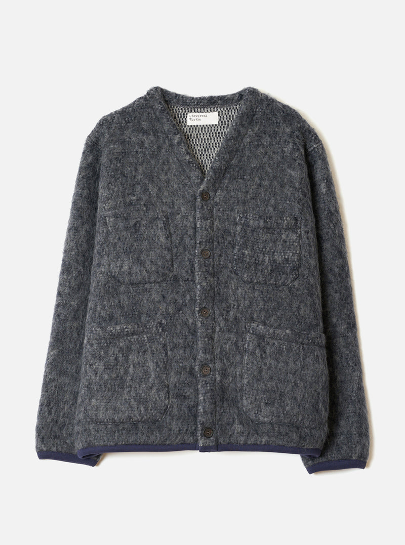 A front view product shot of the Navy/Pale Grey Losso Mohair Mix Cardigan on a plain white background, displaying the dark blue and pale grey knit, V-neck collar, button closure, and front patch pockets.