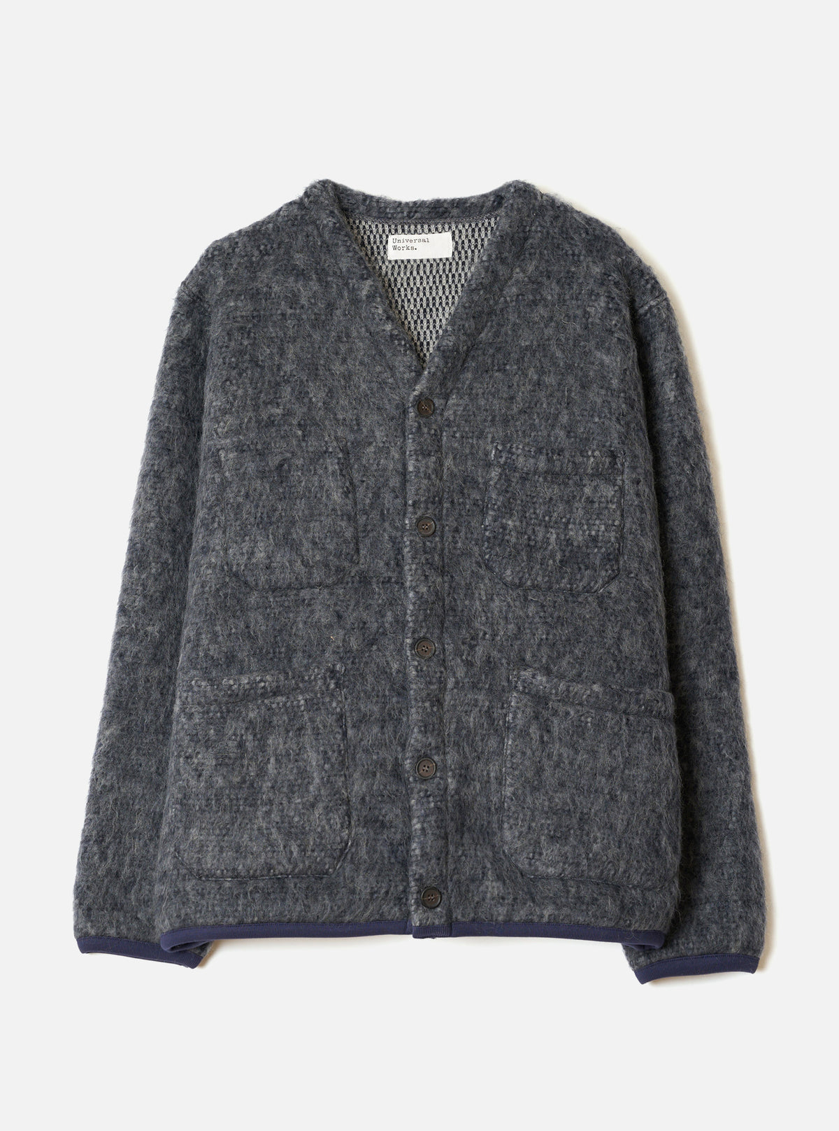 A front view product shot of the Navy/Pale Grey Losso Mohair Mix Cardigan on a plain white background, displaying the dark blue and pale grey knit, V-neck collar, button closure, and front patch pockets.