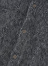 A detailed close-up view of a model wearing the Navy/Pale Grey Losso Mohair Mix Cardigan, highlighting the button fastening, soft fuzzy texture, rich knit weave, and ribbing details around the front hem and collar.