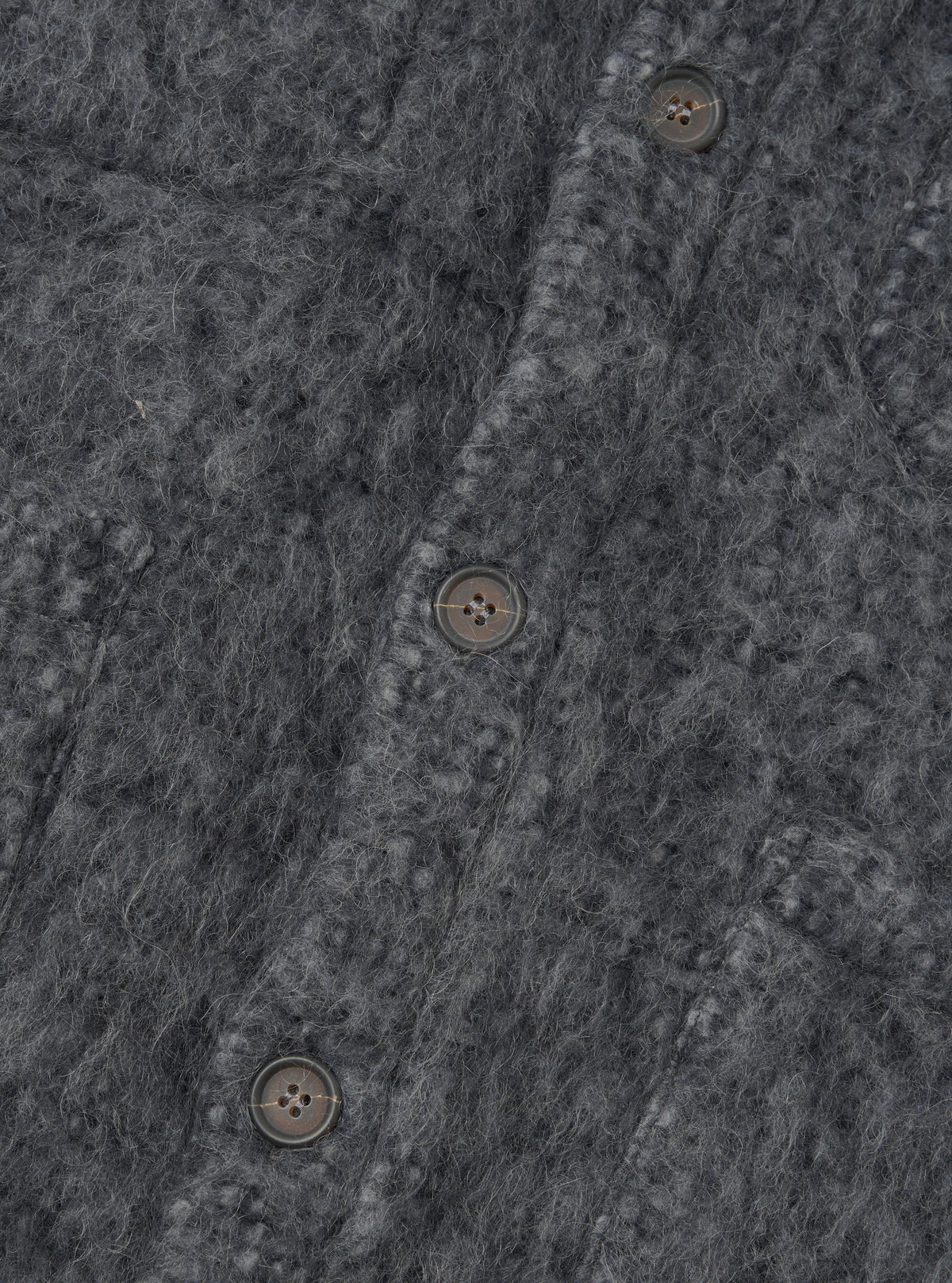 A detailed close-up view of a model wearing the Navy/Pale Grey Losso Mohair Mix Cardigan, highlighting the button fastening, soft fuzzy texture, rich knit weave, and ribbing details around the front hem and collar.
