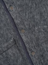 A close-up photograph of a model wearing the Navy/Pale Grey Losso Mohair Mix Lancaster Gilet, focusing on the collar, button closures, patch pocket detail, and fuzzy navy and pale grey mohair blend knit texture.