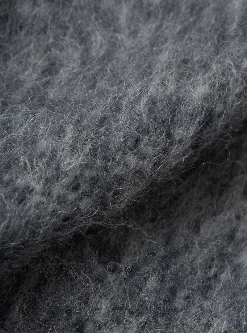 A detailed close-up swatch image of the Navy/Pale Grey Losso Mohair Mix Lancaster Gilet displayed against a white background, showing the intricate fuzzy knit texture and blended navy and grey mohair yarns.