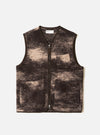 A full-length front view of a model wearing the Brown Cloud Camo Knit Zip Gilet against a neutral studio background, displaying the full-zip closure, sleeveless cut, and brown cloud camo knit wool finish.