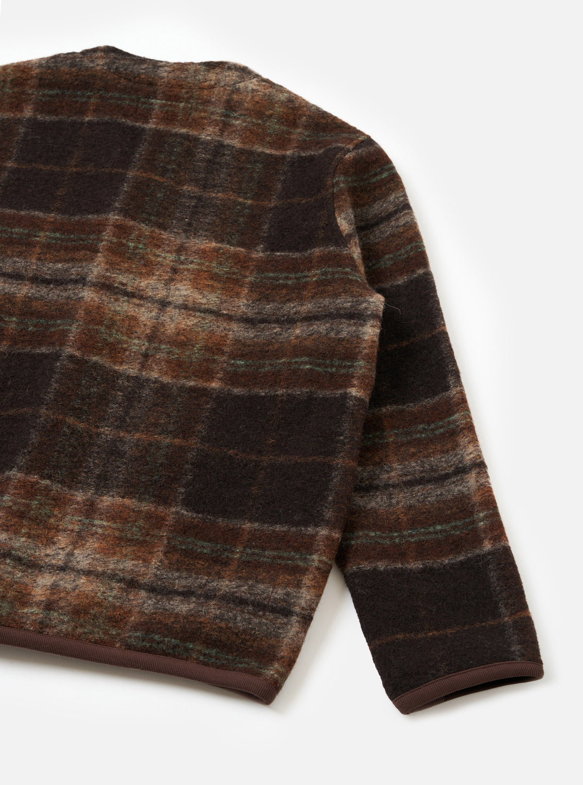 Garment view of Brown Pino Wool Fleece Cardigan from the back on a plain white background, highlighting the cozy fleece texture, clean neck seam, ribbed hem, and relaxed fit of the brown cardigan.