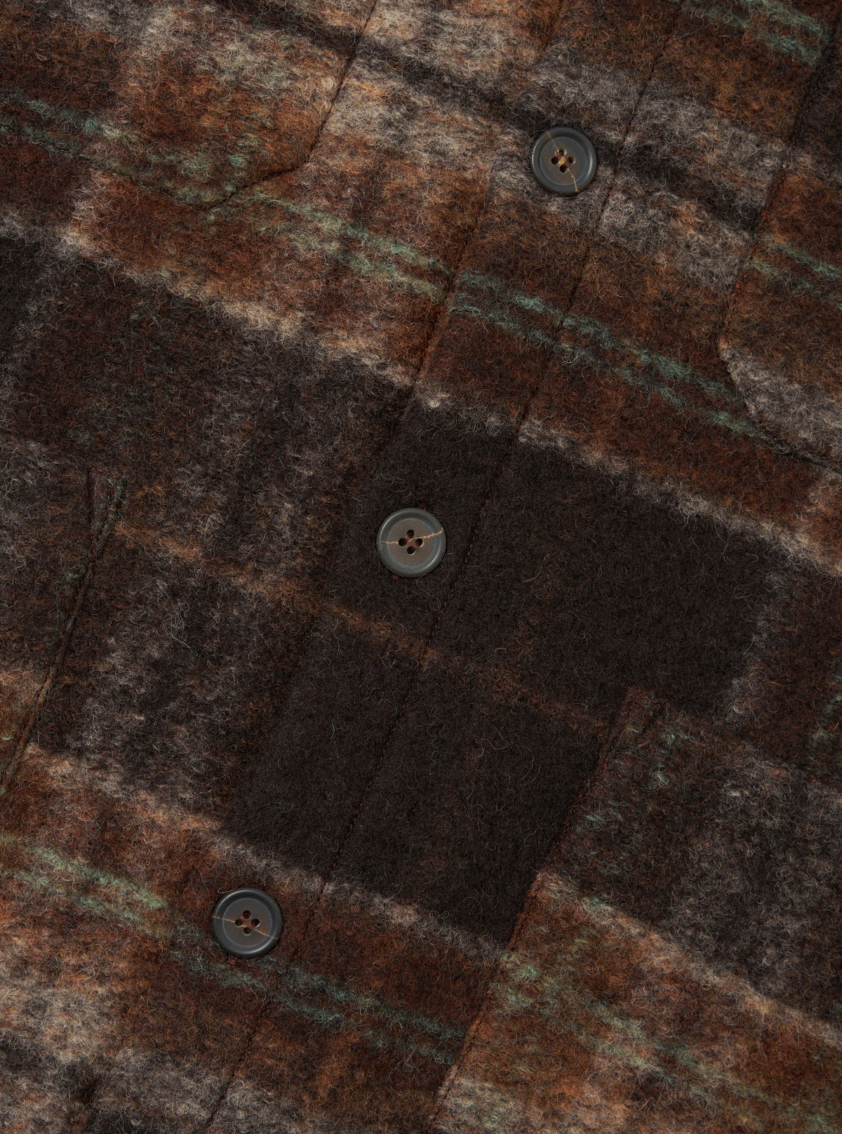 Close-up detail shot of the Brown Pino Wool Fleece Cardigan set against a plain background, focusing on the button front closure, textured wool-blend fleece fabric, and neat front stitching.