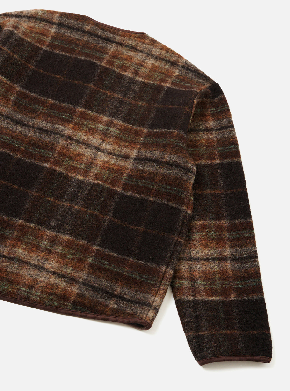 Back view of the Brown Pino Wool Fleece Military Liner Jacket shown on a plain white background, highlighting the simple rear shoulder yoke, soft brown fleece finish, and clean bottom hem line.
