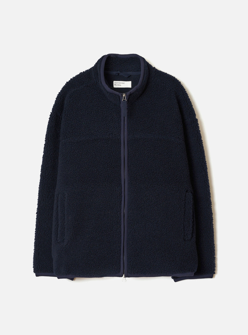 Front view studio product shot of the Navy Artic Fleece Hep Mountain Jacket against a plain white background, showcasing the deep navy color, zip front, high neck collar, and utility pockets.