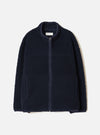 Front view studio product shot of the Navy Artic Fleece Hep Mountain Jacket against a plain white background, showcasing the deep navy color, zip front, high neck collar, and utility pockets.