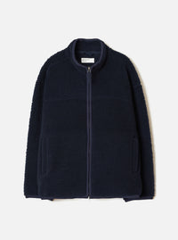 Front view studio product shot of the Navy Artic Fleece Hep Mountain Jacket against a plain white background, showcasing the deep navy color, zip front, high neck collar, and utility pockets.