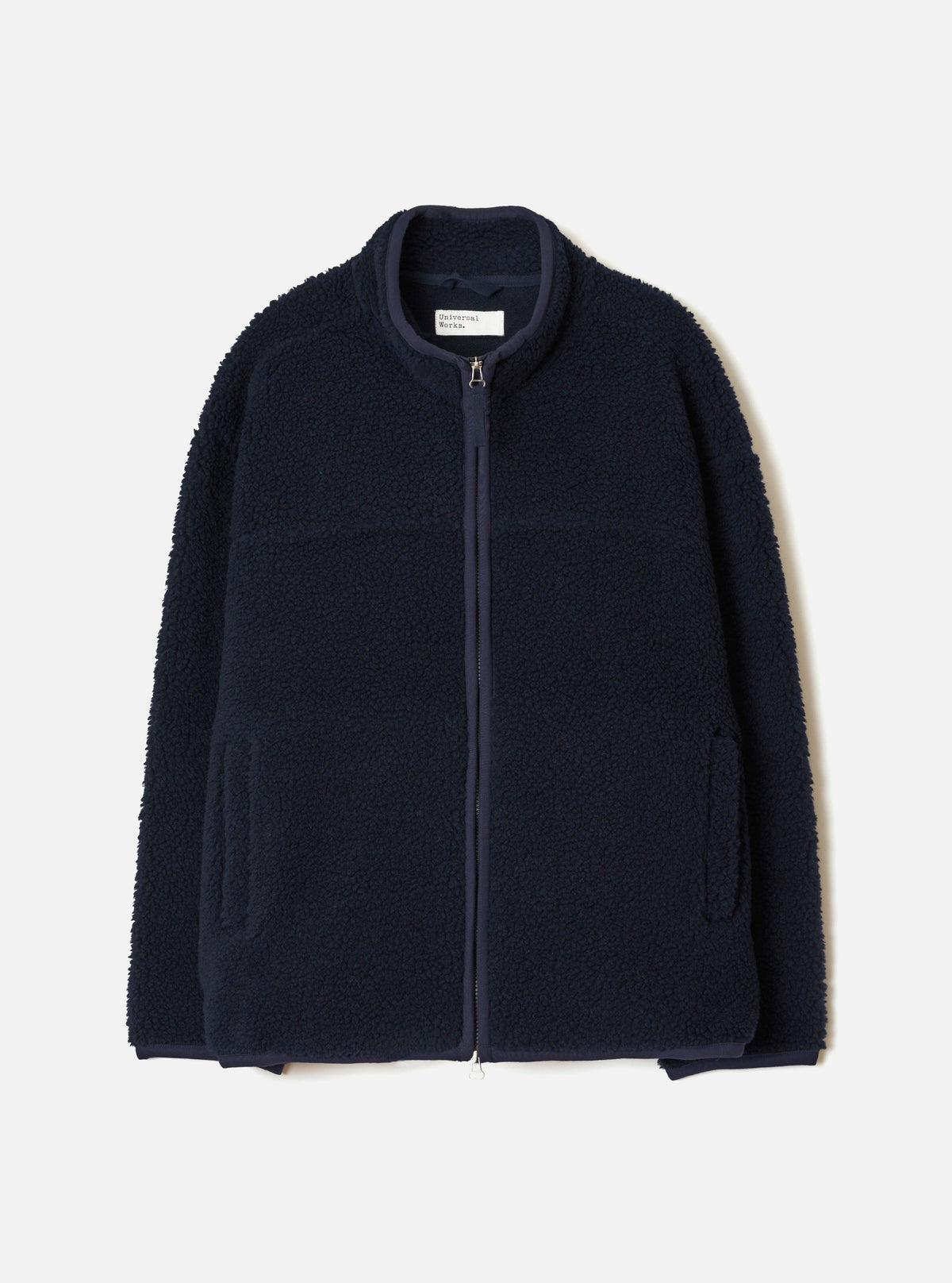 Front view studio product shot of the Navy Artic Fleece Hep Mountain Jacket against a plain white background, showcasing the deep navy color, zip front, high neck collar, and utility pockets.