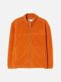 Front view product shot of the vibrant Orange Artic Fleece Hep Mountain Jacket against a plain white background, featuring the zip front fastening, stand collar, and chest utility pocket design.