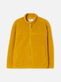 Front view studio photograph of the Yellow Artic Fleece Hep Mountain Jacket on a clean white background, highlighting the vibrant yellow fleece, full zipper, stand-up collar, and front pockets.