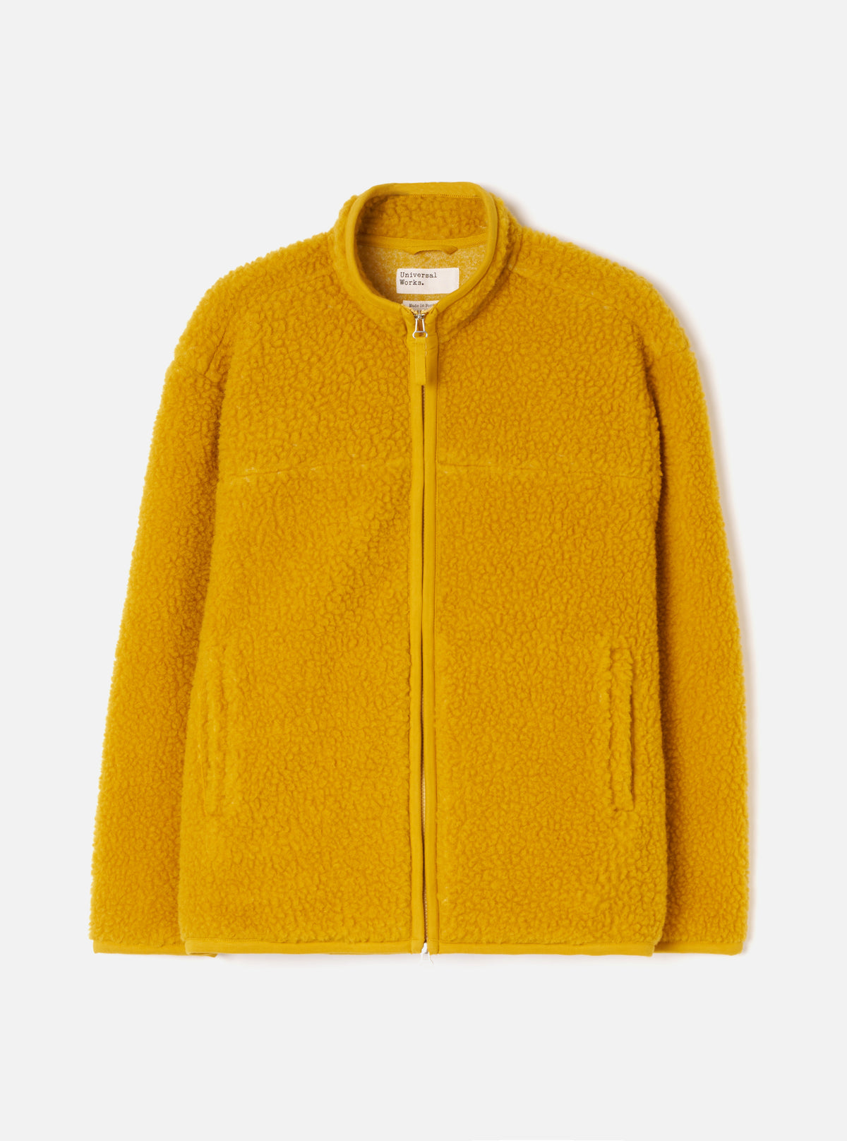 Front view studio photograph of the Yellow Artic Fleece Hep Mountain Jacket on a clean white background, highlighting the vibrant yellow fleece, full zipper, stand-up collar, and front pockets.