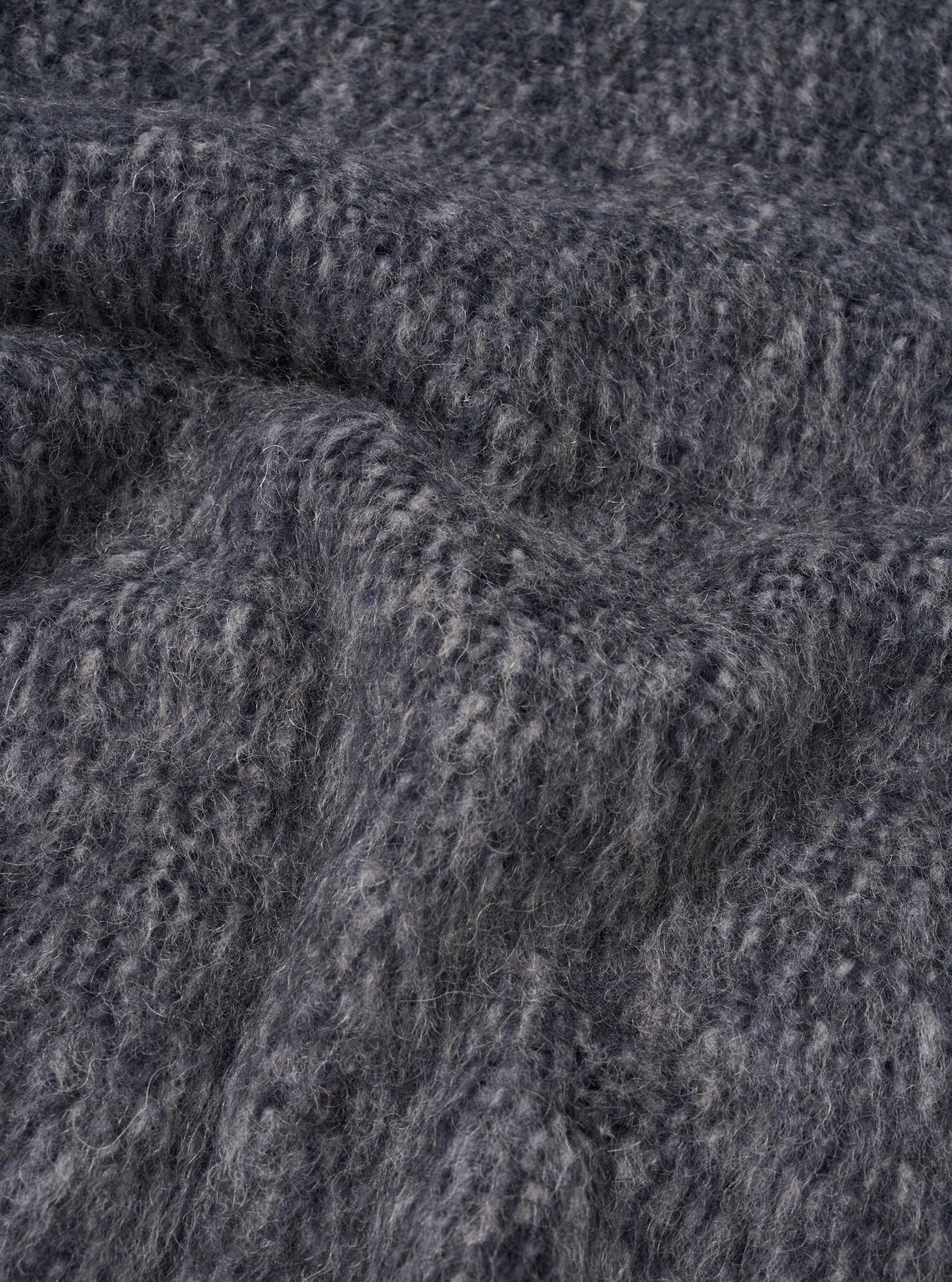 A detailed close-up swatch of the Navy/Pale Grey Losso Mohair Mix Zip Liner Jacket fabric on a plain white background, highlighting the soft mohair blend fibers and woven navy and pale grey pattern.
