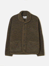 Brown boucle style fleece Lancaster jacket laid flat on a light grey studio backdrop. Shawl collar with tonal brown knit trim edging the front placket, cuffs, and hem. Four dark buttons fasten the centre front. Two large patch pockets sit at the lower front. Universal Works woven label visible at the neck.