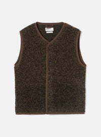 Brown boucle style fleece gilet laid flat on a light grey studio backdrop. V-neckline with brown binding trim running around the neck, armholes and hem. Six dark buttons fasten the centre front placket. Universal Works woven label visible at the neck. Textured, looped fleece fabric throughout.