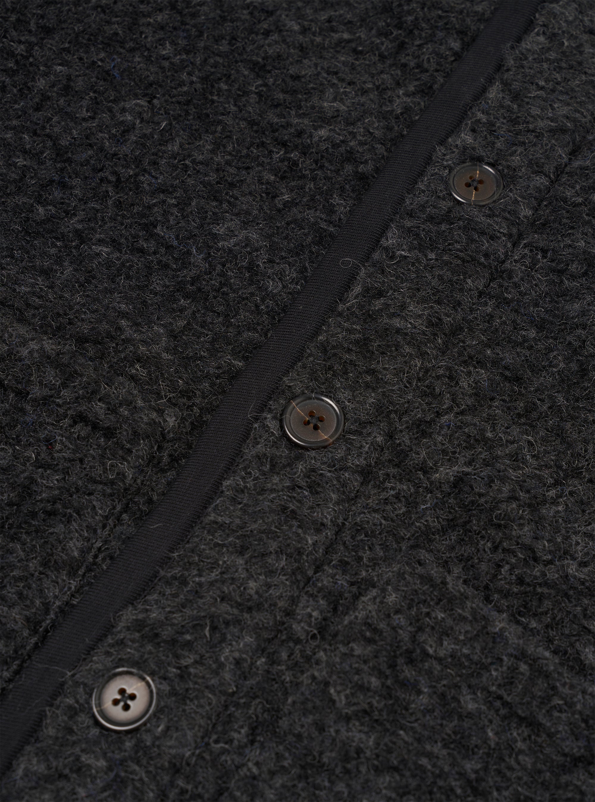 Close-up detail of the charcoal boucle style fleece gilet, showing the button placket with three four-hole horn-effect buttons and a narrow black grosgrain trim edging the front opening. The boucle style texture is clearly visible across the body of the gilet.