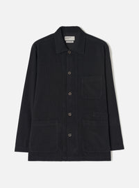 Front view of the Black Fine Cord Bakers Overshirt presented on a plain white background. The product shot highlights the classic collar, button-up front closure, fine pin-corduroy texture, and multiple patch pockets.