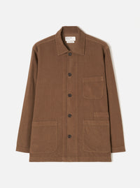 Full front product view of the Brown Fine Cord Bakers Overshirt against a plain white background. The image displays the pointed collar, front button closure, multiple functional pockets, and rich brown fine corduroy.