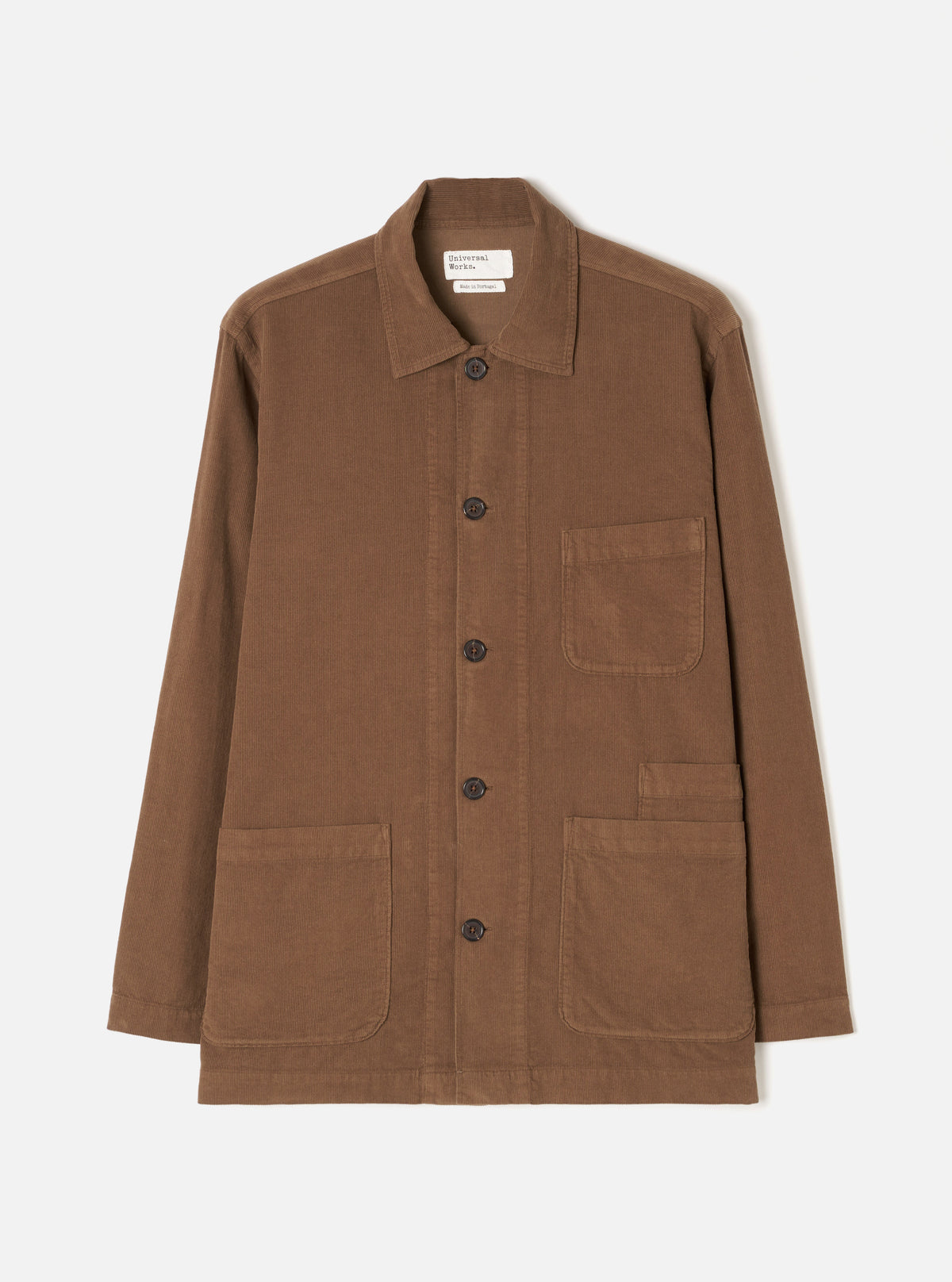 Full front product view of the Brown Fine Cord Bakers Overshirt against a plain white background. The image displays the pointed collar, front button closure, multiple functional pockets, and rich brown fine corduroy.
