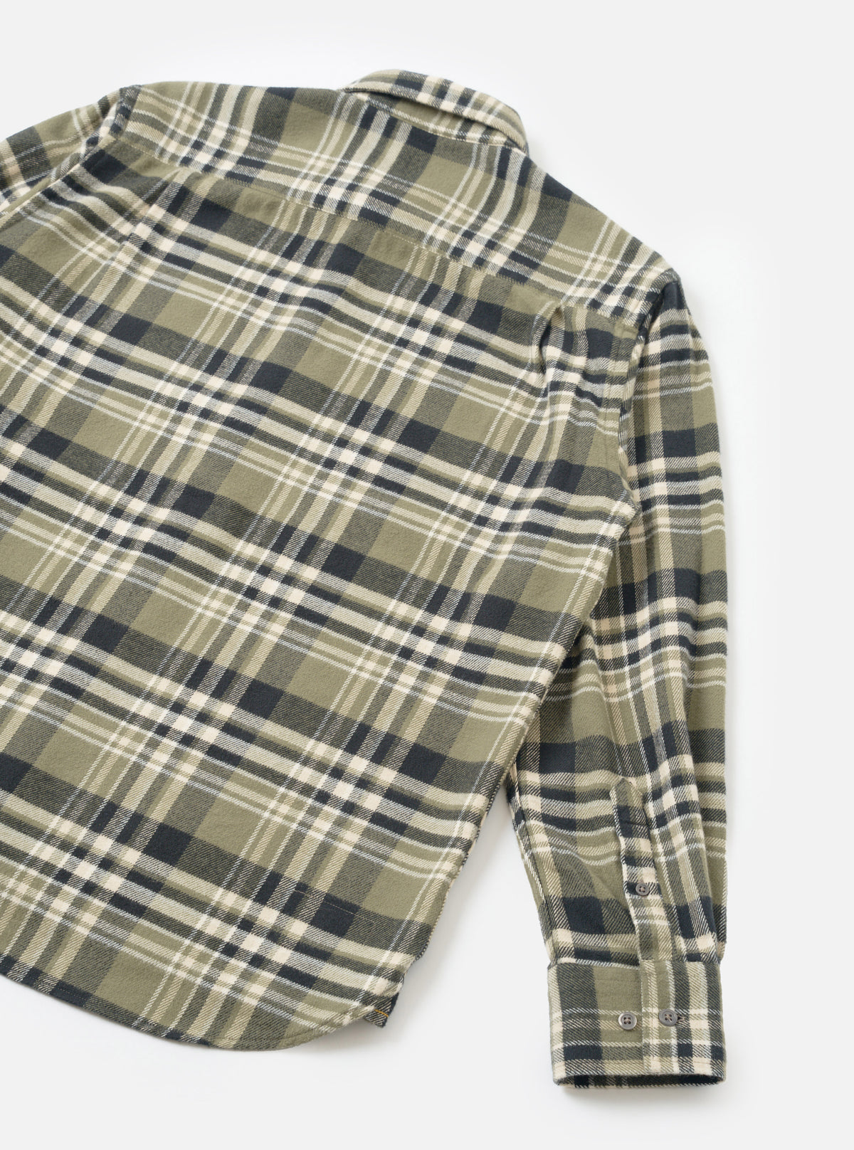 Back view of a male model wearing the Universal Works Olive Jazz Check Standard Shirt against a plain background, showing the tailored fit, neat shoulder yoke, and olive woven check cotton fabric.