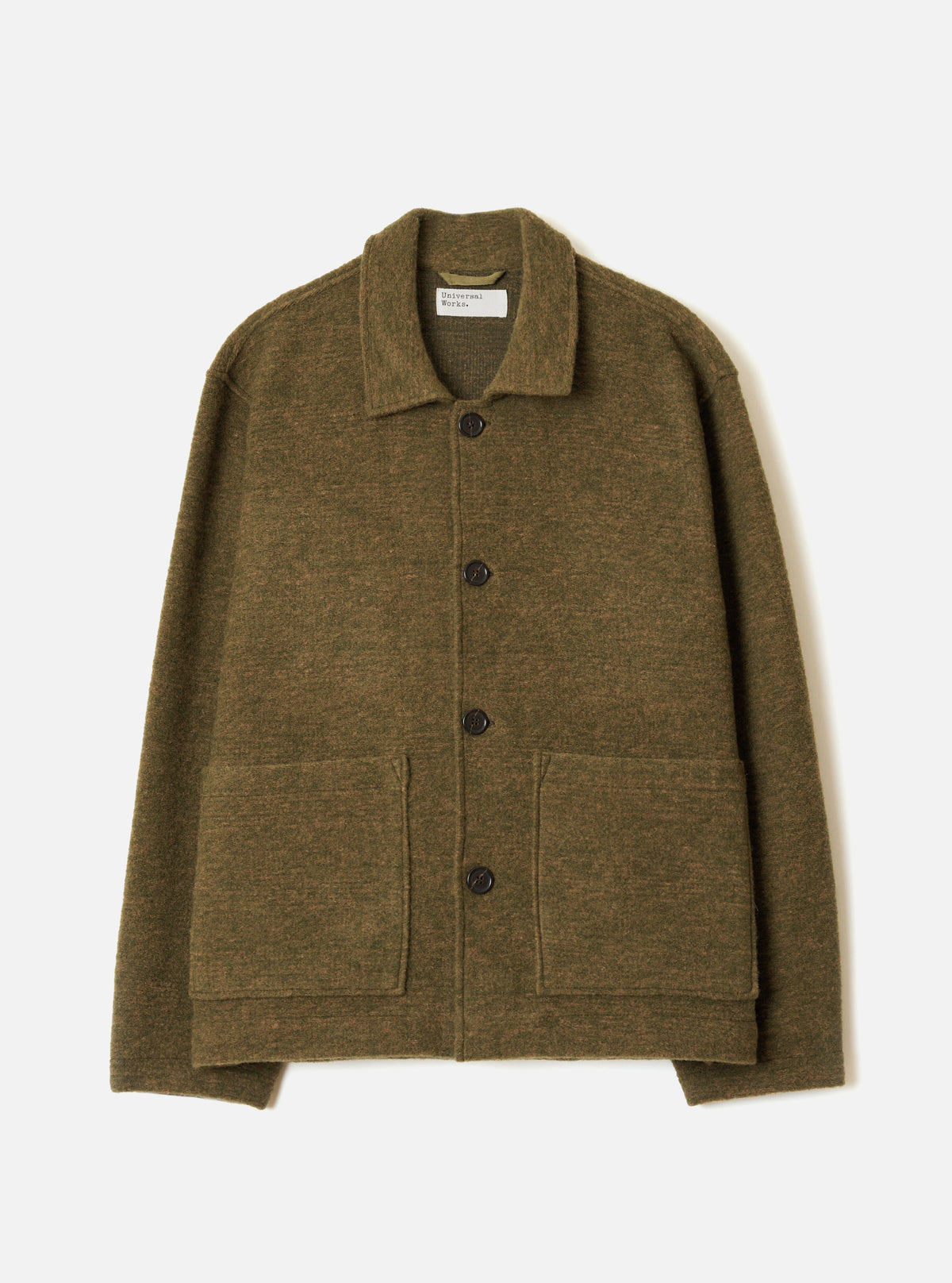 A full-length front view of a model wearing the Olive Wool Mix Knit Rams Jacket against a plain neutral studio background, showcasing the jacket's button front, olive green textured knit fabric, and front patch pockets.