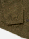 A close-up studio shot of a model wearing the Olive Wool Mix Knit Rams Jacket, focusing on the collar, button closure, and rich textured surface of the olive green wool mix fleece material.