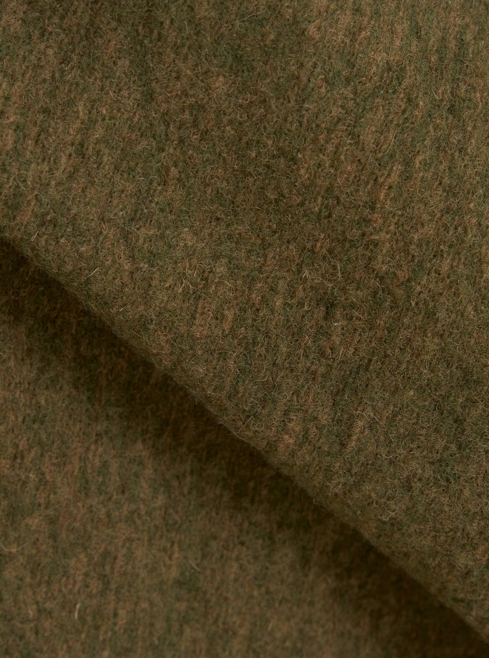 A detailed close-up fabric swatch image of the Olive Wool Mix Knit Rams Jacket on a plain white background, highlighting the soft knit texture and woven olive green fibers of the wool mixture.