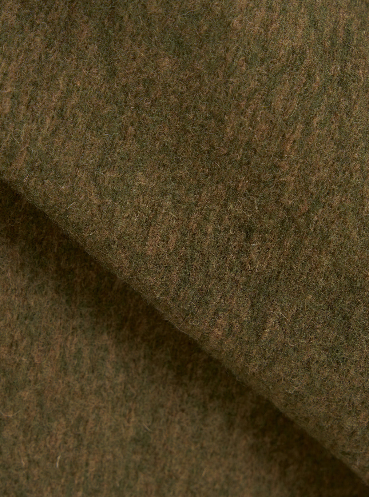 A detailed close-up fabric swatch image of the Olive Wool Mix Knit Rams Jacket on a plain white background, highlighting the soft knit texture and woven olive green fibers of the wool mixture.