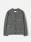 A full-length front view of a model wearing the Grey Marl Wool Mix Knit Advance Cardigan in a minimal studio setting, displaying its button-down front, V-neckline, and flecked grey wool mix knit construction.