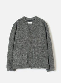 A full-length front view of a model wearing the Grey Marl Wool Mix Knit Advance Cardigan in a minimal studio setting, displaying its button-down front, V-neckline, and flecked grey wool mix knit construction.