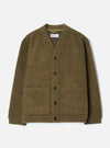 A full-length front view of a model wearing the Olive Wool Mix Knit Advance Cardigan in a clean studio background, showcasing the V-neck front, button closure, and rich olive green wool mix knit texture.