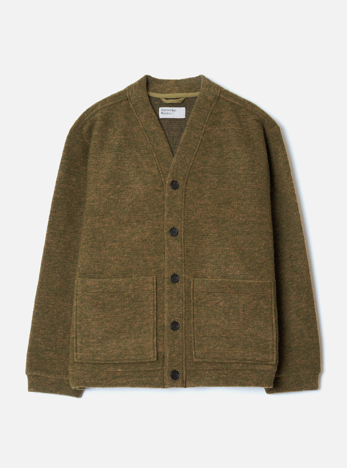 A full-length front view of a model wearing the Olive Wool Mix Knit Advance Cardigan in a clean studio background, showcasing the V-neck front, button closure, and rich olive green wool mix knit texture.