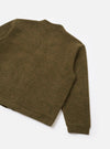 A full-length back view of a model wearing the Olive Wool Mix Knit Advance Cardigan against a plain neutral backdrop, detailing the relaxed silhouette, ribbed trim, and olive wool mix fleece texture.
