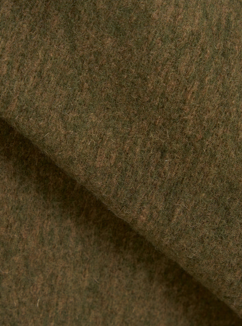 A close-up fabric swatch image of the Olive Wool Mix Knit Advance Cardigan on a plain white background, displaying the detailed weave, texture, and olive green color tone of the wool mix fleece.