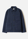 A front view photograph of the Navy Techno Melton Plain Tag Jacket displayed flat against a plain white background, highlighting its structured collar, button front closure, and deep navy wool-blend fabric.