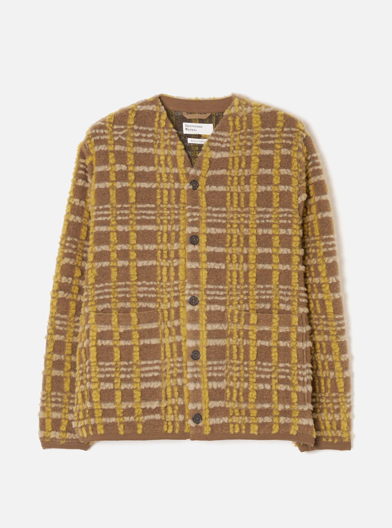A front view photograph of the Brown Duomo Fleece Cardigan shown on a clean white background, highlighting the button closure, front patch pockets, V-neckline, and rich brown polyester-wool fleece blend.