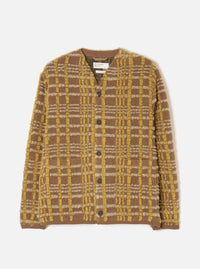 A front view photograph of the Brown Duomo Fleece Cardigan shown on a clean white background, highlighting the button closure, front patch pockets, V-neckline, and rich brown polyester-wool fleece blend.