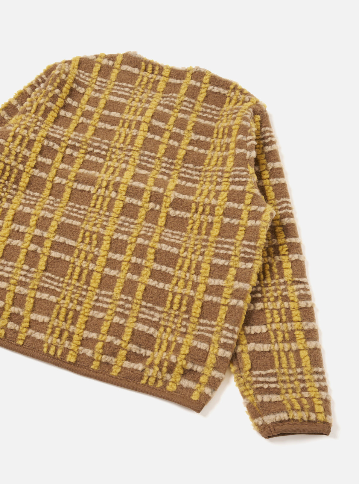 A rear view photograph of the Brown Duomo Fleece Cardigan against a plain white background, presenting the back panel seams, ribbed hem detail, and soft brown textured duomo fleece construction.
