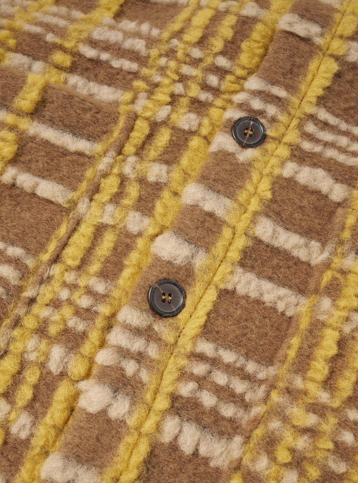 A detailed close-up shot of the Brown Duomo Fleece Cardigan showcasing the button front placket, soft wool-blend fleece fabric texture, and clean pocket stitching against a plain light studio background.