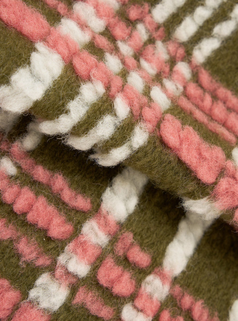 Close-up detail of the olive Duomo Fleece Cardigan fabric, showing a textured knit pattern in olive green, pink and cream. Raised bobble-like stitches form diagonal stripe formations across the fluffy, brushed fleece surface. No background visible.