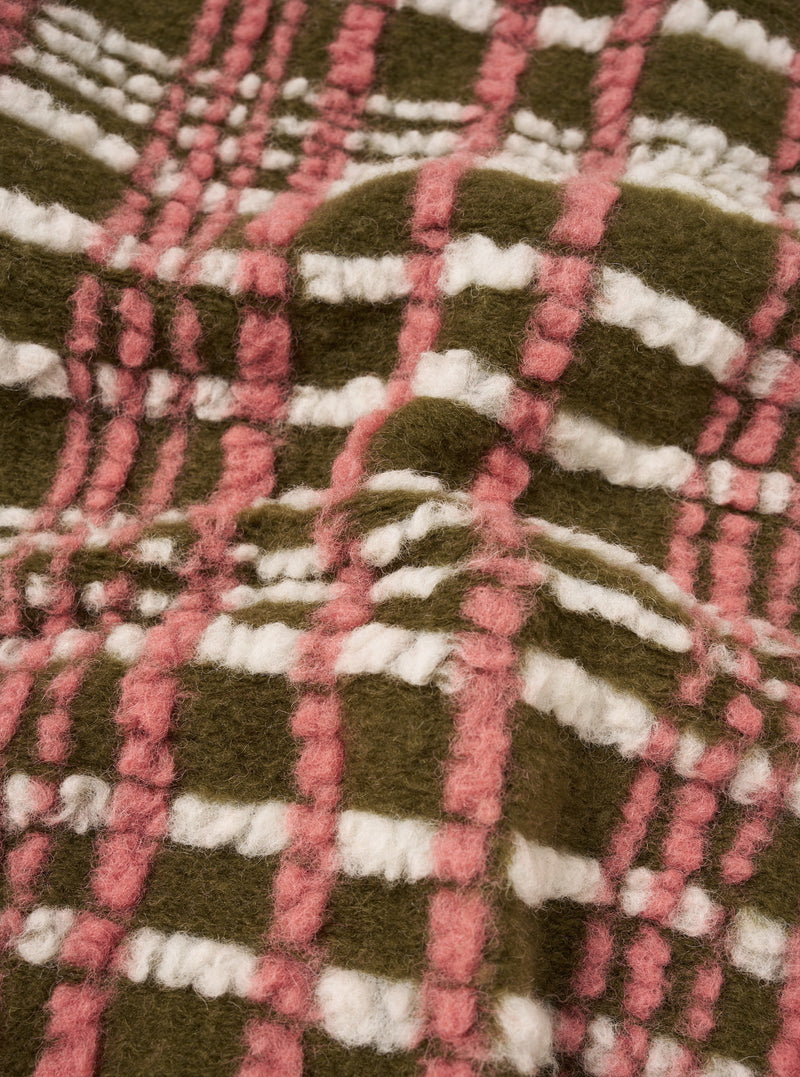A detailed close-up fabric swatch image displaying the soft olive green wool-blend fleece material of the Olive Duomo Fleece Cardigan against a plain white background, highlighting its rich knit structure.