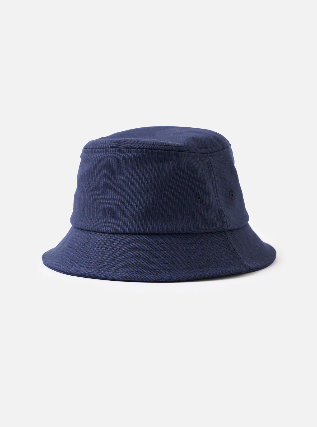A front perspective studio view of the Navy Canvas Lewis Hat displayed on a neutral background. The shot highlights the short stitched brim, classic bucket hat silhouette, and durable navy cotton canvas.