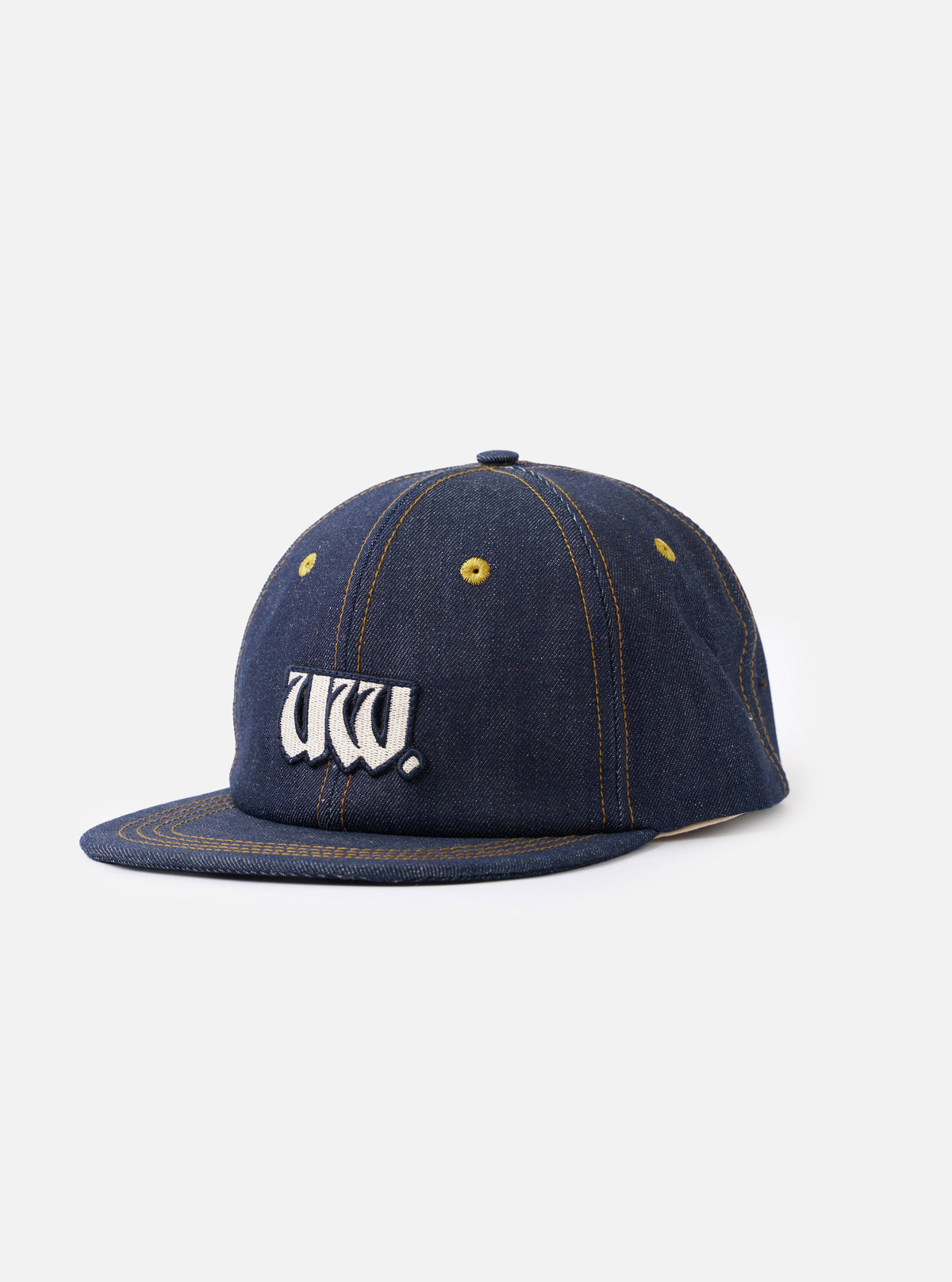 A front view of the Indigo 13oz Selvedge Denim Baseball Hat presented on a plain white background. The image showcases the dark indigo denim fabric, six-panel crown construction, and curved visor.